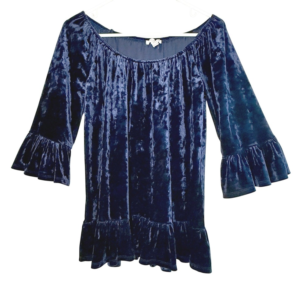 Beachlunchlounge Women's S Navy Crushed Velvet Bell Sleeve Ruffle Top